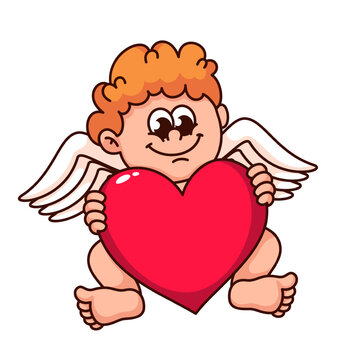 Child angel with heart, sitting. Groovy cartoon character, smiling, holding present. Funny sticker cupid mascot of Valentine's Day, vector illustration.