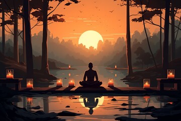 Meditation at Sunset in Serene Forest

