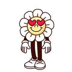 Groovy daisy flower in love cartoon character with hearts in eyes. Funny retro greeting floral mascot with friendly smile, cartoon smiling flower sticker of 60s 70s style vector illustration