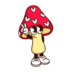 Groovy mushroom character with hearts on hat, vector illustration. Cartoon fly agaric mushroom with V finger, yellow red fungus with arms and legs, retro sticker valentine's