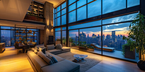A luxurious loft living room in a high-rise apartment with a breathtaking cityscape view as dusk settles, showcasing sophisticated interior design.