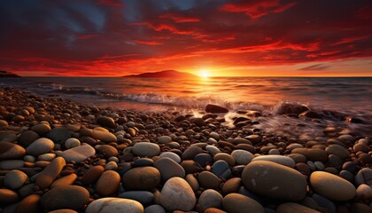 Sunset view on the beach full of pebbles