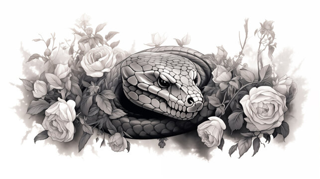 Drawing for a tattoo, roses, snake and monster skeleton. Black and white drawing of branches, leaves and flowers of a rose with a stylized skeleton