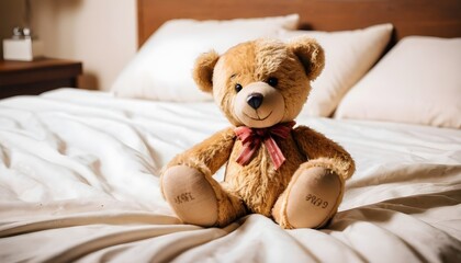 Happy teddy bear with a red ribbon on a bed