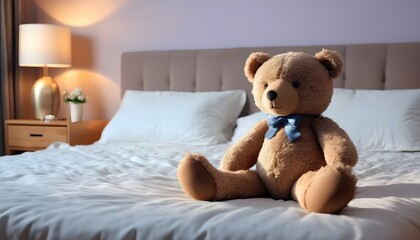 Blue ribbon Teddy bear on a modern white  bed