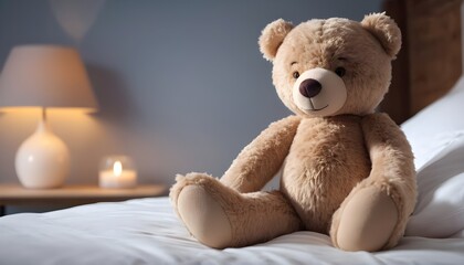 Teddy bear on a bed guarding the bedroom, a candle and a lamp in the background on the left
