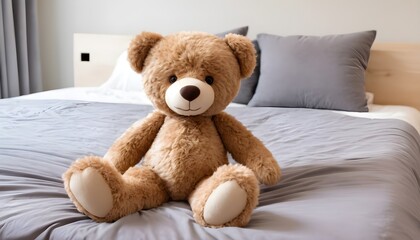 Calm teddy bear on a modern bed