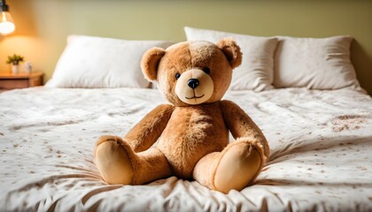 Teddy bear on a white bed