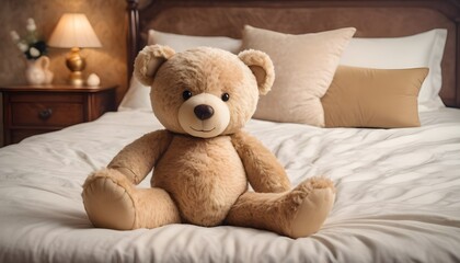 Teddy bear on a wood bed, a lamp in the background
