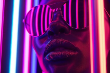 A striking portrait of a woman with vibrant magenta sunglasses, her face a canvas of purple and violet hues, capturing the interplay of light and art