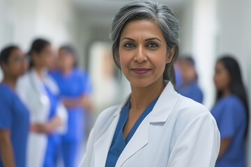 Fototapeta premium Portrait of smiling Indian female doctor in a hospital. Healthcare, medical staff