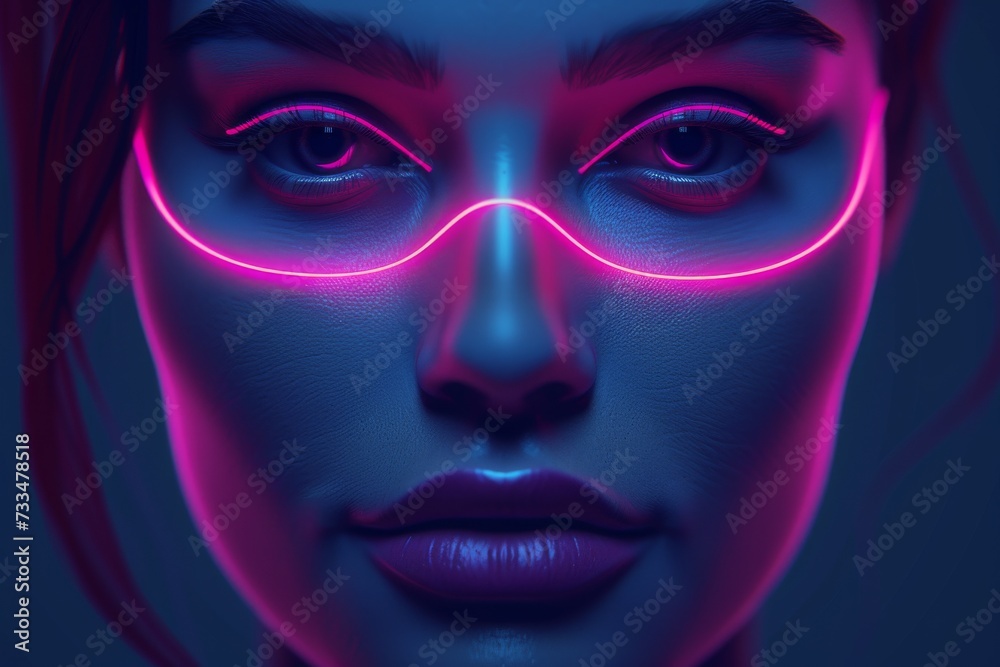 Poster a captivating portrait of a woman adorned with vibrant neon lights, creating a mesmerizing contrast 