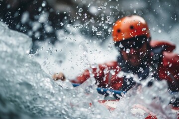 Close up, An individual rafting through turbulent river waters