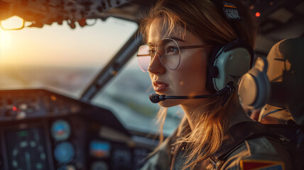 pilot woman close-up photo, aviation and hobbies - obrazy, fototapety, plakaty