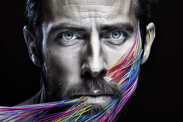 A captivating portrait of a bearded man adorned with vibrant wires, exuding a sense of uniqueness and individuality through his colorful facial accessories