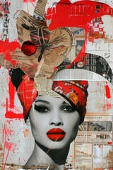 An alluring woman gazes out from a vibrant painting, her face adorned with bold red lips and a striking turban, combining text, graffiti, and illustration to capture the power of self-expression thro