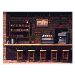 A high-resolution 4K PNG showcasing a vibrant 16-bit pixel art coffee shop mockup with a fine glossy finish, rendered in stunning 3D without background, ensuring top-notch quality for your project.