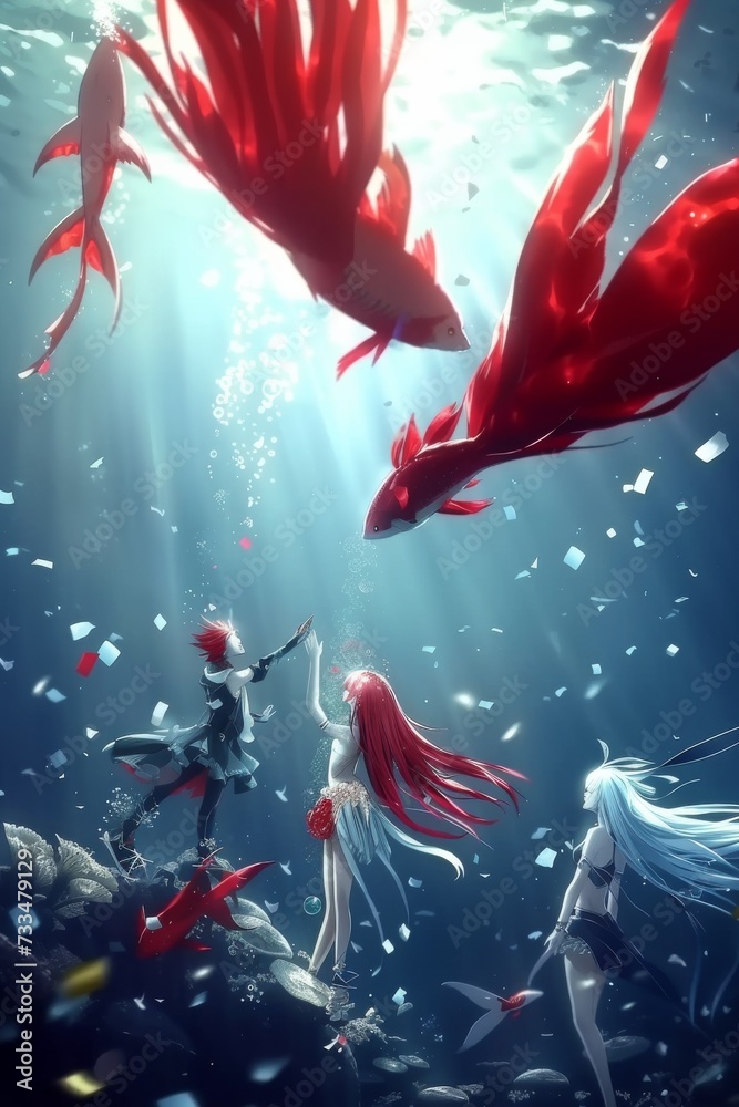 Poster a mesmerizing scene of friends exploring the depths of an underwater aquarium, surrounded by colorfu