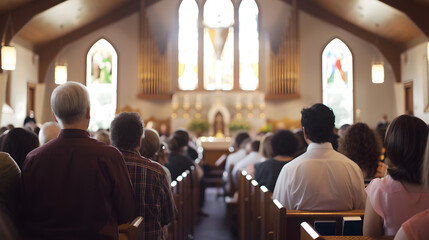 A photo of a church service on Easter Sunday, with the congregation singing hymns and celebrating the resurrection of Jesus. - obrazy, fototapety, plakaty