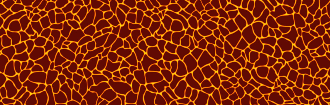Magma or volcanic lava texture background, horizontal banner. Flat vector illustration
