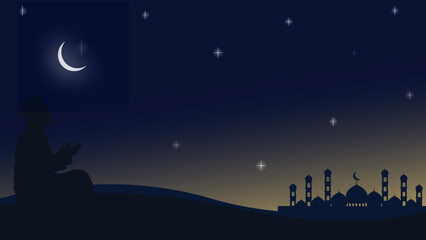 The background scene of the moon and stars is accompanied by silhouettes of people praying and a mosque. Background for banners, banners, billboards and others.