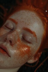 Obraz premium A fiery human face adorned with sparkling orange glitter, showcasing a striking portrait that captures the essence of beauty and uniqueness