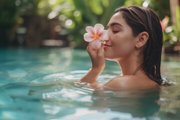 A young woman enjoys a moment of relaxation in an outdoor swimming pool at a luxurious Bali resort, gently holding a flower in her hand as she takes in its scent amidst the serene ambiance.




