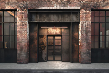 Illustrate an industrial-style building entrance with exposed brick, metal elements, and minimalist design. Convey a sense of urban chic and utilitarian aesthetics
