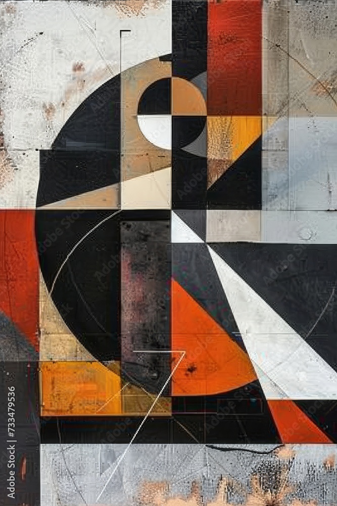 Poster A vibrant and bold abstract painting featuring a striking black circle surrounded by a lively pattern of colorful triangles, evoking a sense of depth and intrigue in the visual arts