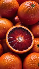 A close-up view of a group of ripe, vivid Blood orange with a deep, textured detail.