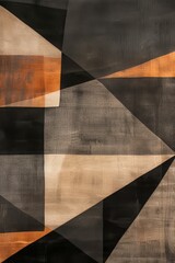 A captivating abstract piece, showcasing a symmetrical pattern of black and orange triangles against a rich brown backdrop, exuding a sense of precise artistry and dynamic energy through its clean li