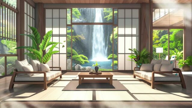 living room with beautiful view in japanese house interior background. Cartoon or anime watercolor digital painting illustration style. seamless looping 4k video animation background.	