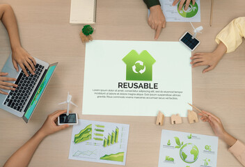 Reusable illustration placed at meeting table during a green business meeting discussion. ESG :...