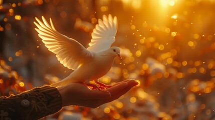 White dove flying from the hand, religious concept