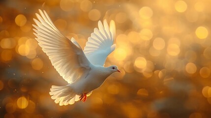 White dove against the golden sky, religious background