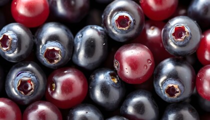 An up-close look at a cluster of ripe, vibrant huckleberries with intricate details