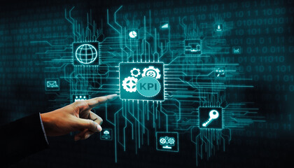 KPI Key Performance Indicator for Business Concept - Modern graphic interface showing symbols of job target evaluation and analytical numbers for marketing KPI management.