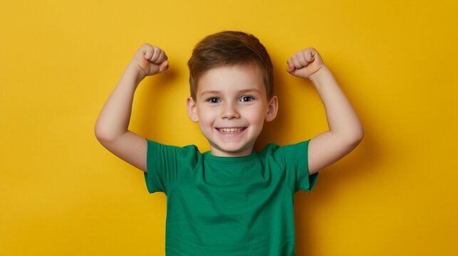 Full Body Little Small Fun Happy Boy 6-7 Years Old Wearing Green T-shirt Do Winner Gesture Clench Fist Isolated On Plain Yellow Background Studio Portrait. Mother's Day Love Family Lifestyle Concept