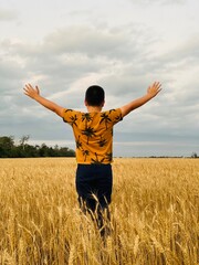 boy in a wheat field with a landscape and beauty nature