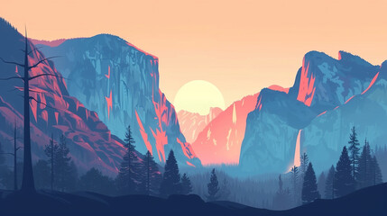 Yosemite national park in minimal colorful flat vector art style illustration.