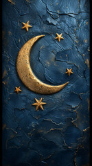 Golden crescent moon with stars on a textured dark background