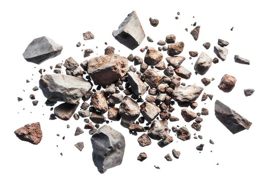 Swarm of asteroids rock debris isolated on white background. Asteroid belt. Meteorites. High resolution 3D rendering. 