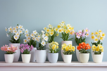 Spring flowers in white pots on a pastel background, daffodils and peonies