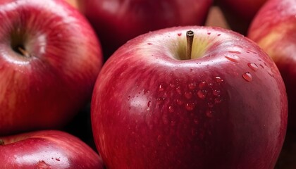 A close-up view of a group of ripe, vivid red apple with a deep, textured detail.