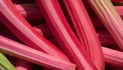 A close-up view of a group of ripe, vivid Rhubarb with a deep, textured detail. 