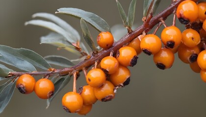A close-up view of a group of ripe, vivid Sea buckthorn with a deep, textured detail.
