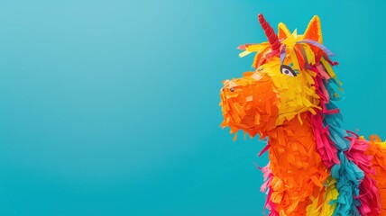 Colorful pinata of a unicorn on a blue background