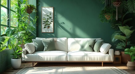Amidst the vibrant green backdrop, a cozy white couch adorned with colorful pillows invites relaxation and adds a touch of nature to the modern living room
