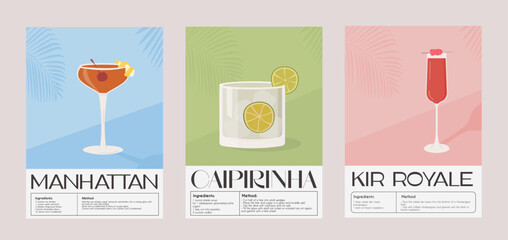 Manhattan, Caipirinha and Kir Royale Classic Cocktail recipe with ingredients. Summer aperitif wall art. Garnish alcohol beverage graphic print. Minimalist vertical poster. Vector flat illustration.