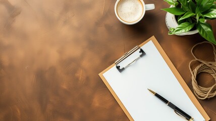 An elegant black pen and clipboard on a leather background
